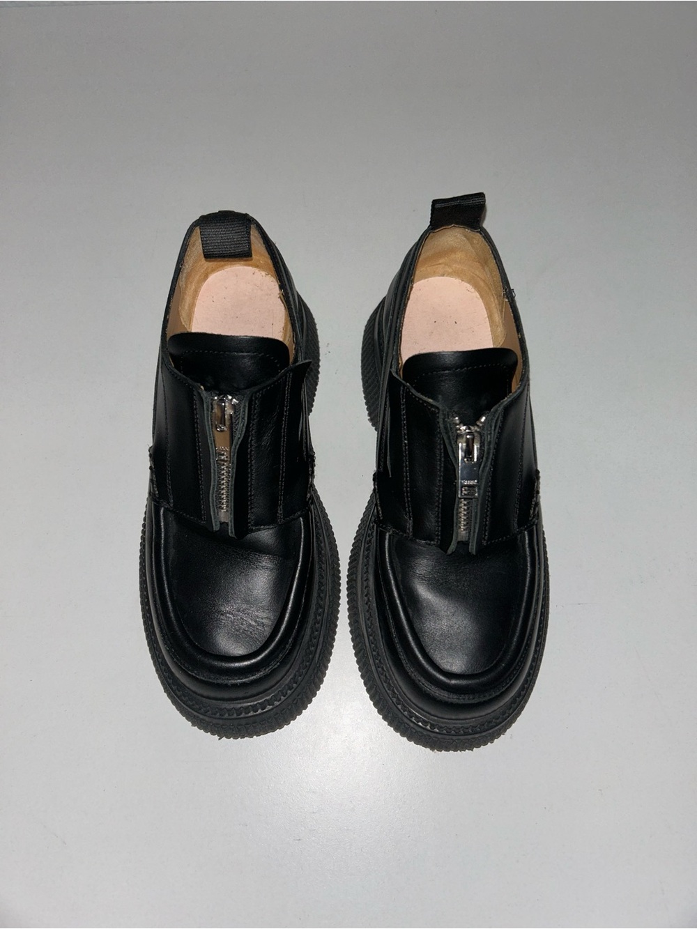 Ganni Black Leather Zip-Front Loafers